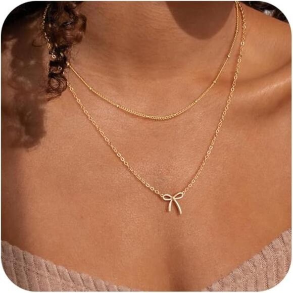 Gold Necklace for Women Bow Necklace 14K Dainty Layered Gold Necklace - Picture 1 of 8